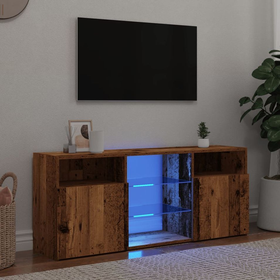 Meuble TV avec lumières LED vieux bois bois d'ingénierie - Photo n°1