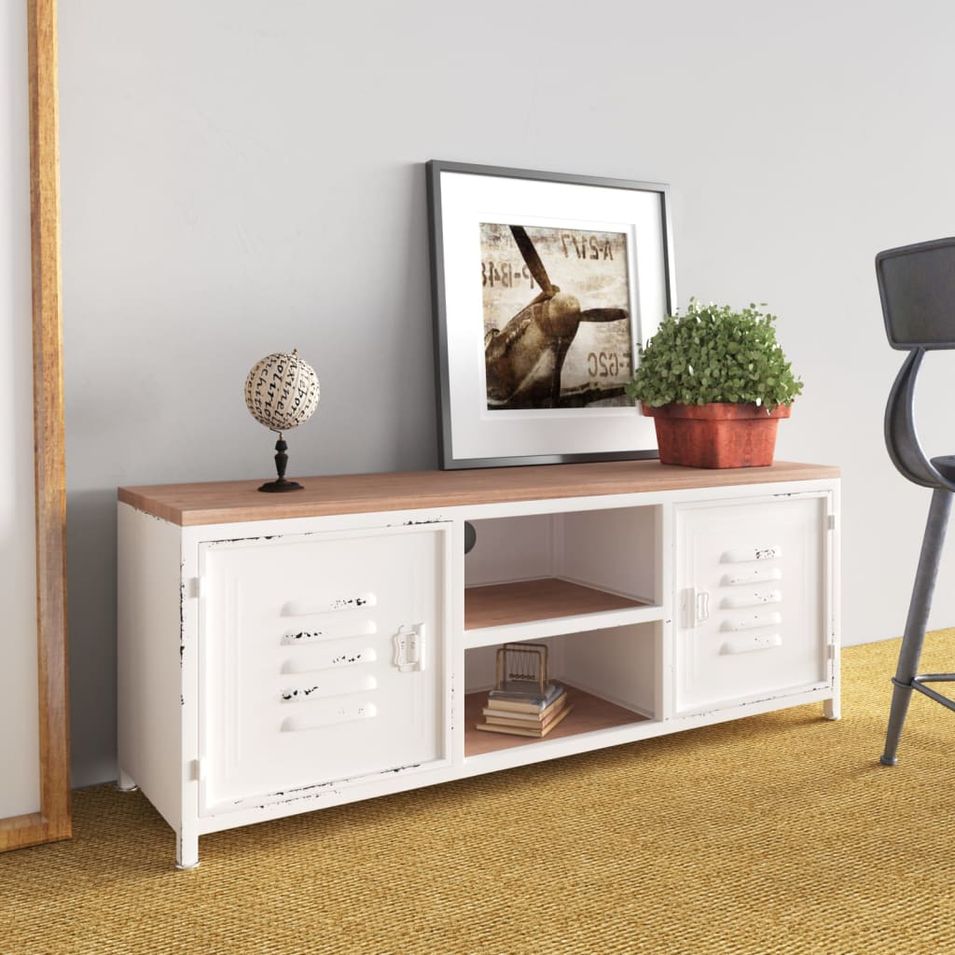 Meuble TV Blanc 110x30x40 cm Fer et bois de sapin massif - Photo n°1