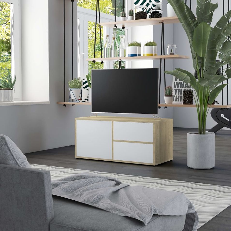 Meuble TV Blanc et chêne sonoma 80x34x36 cm - Photo n°1
