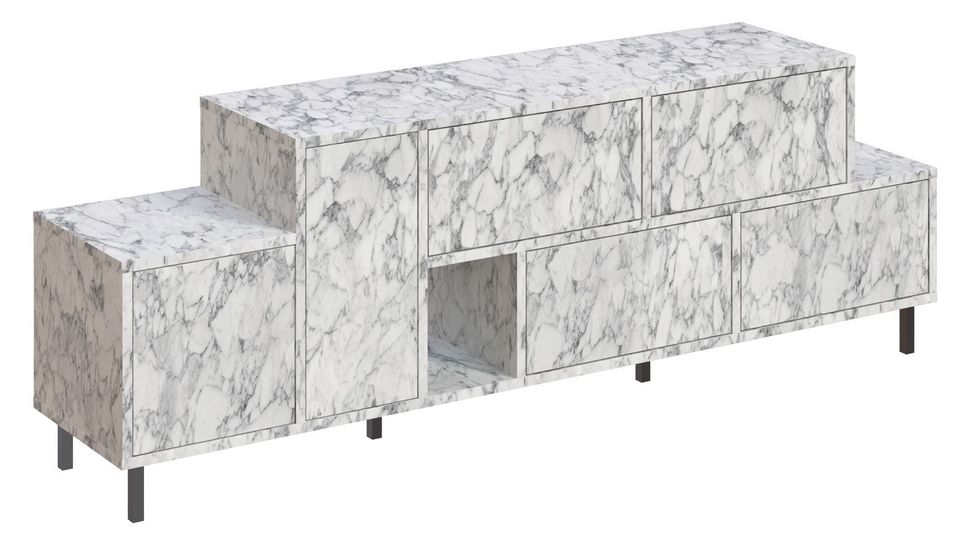 Meuble TV bois blanc effet marbre mélaminé 6 tiroirs 1 porte Kermina 171 cm - Photo n°1