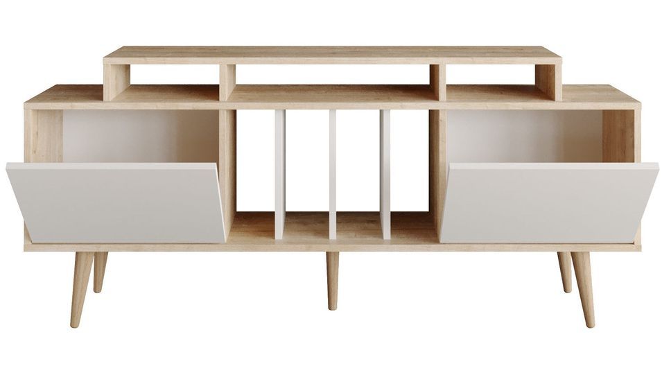 Meuble TV bois clair portes et séparation blanc Valoza 160 cm - Photo n°1