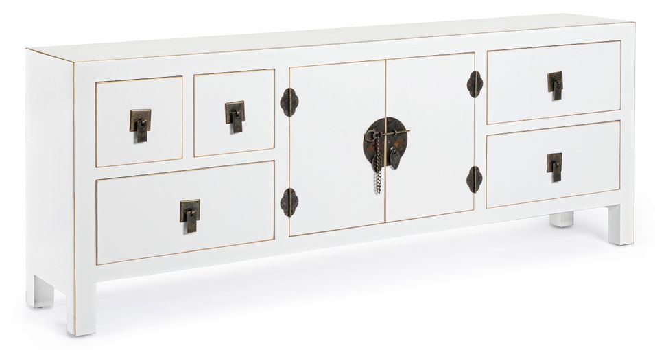 Meuble TV bois de sapin blanc 2 portes 5 tiroirs Peno L 130 cm - Photo n°1