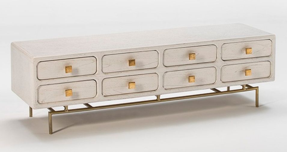 Meuble TV bois massif blanc et pieds métal doré 160 cm - Photo n°1