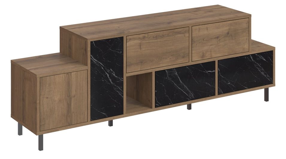 Meuble TV bois Noyer et noir effet marbre mélaminé 6 tiroirs 1 porte Kermina 171 cm - Photo n°1