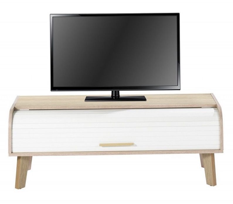 Meuble TV chêne clair rideau blanc Happy 114 cm - Photo n°1
