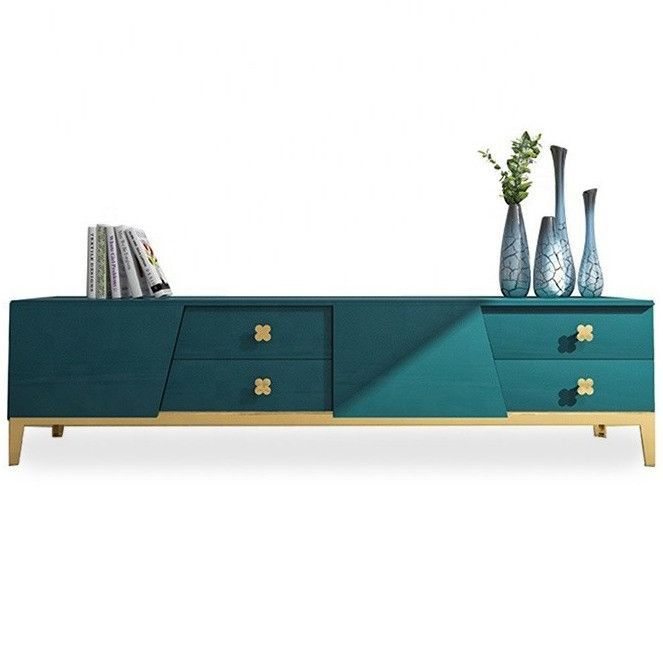 Meuble TV design 4 tiroirs bois bleu et pieds métal doré Azuro L 180 cm - Photo n°1