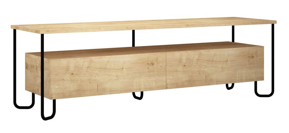 Meuble TV design bois naturel et pieds métal noir avec 2 portes battantes Vira 150 cm - Photo n°1