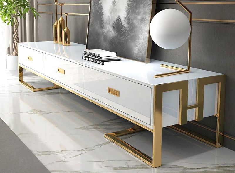 Meuble TV design laqué blanc et pieds acier effet or miroir Raluxe 203 cm - Photo n°1