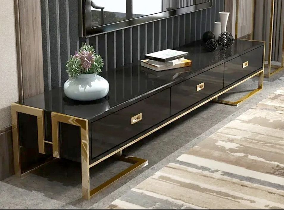 Meuble TV design laqué noir et pieds acier effet or miroir Raluxe 203 cm - Photo n°1