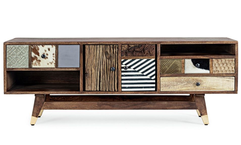 Meuble TV DOKI 140 cm – 2 portes, 3 tiroirs, 2 niches – Multimatières colorées & esprit artisanal - Photo n°1