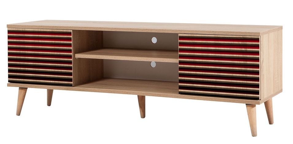 Meuble TV en bois clair et dégradé rouge avec niche Kiza 221 - Photo n°1