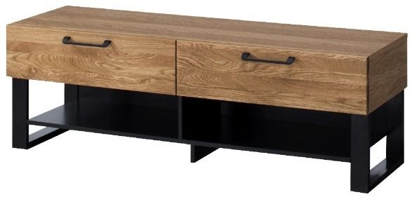 Meuble TV en bois de chêne miel et acier noir 2 tiroirs Mazora 135 cm - Photo n°1