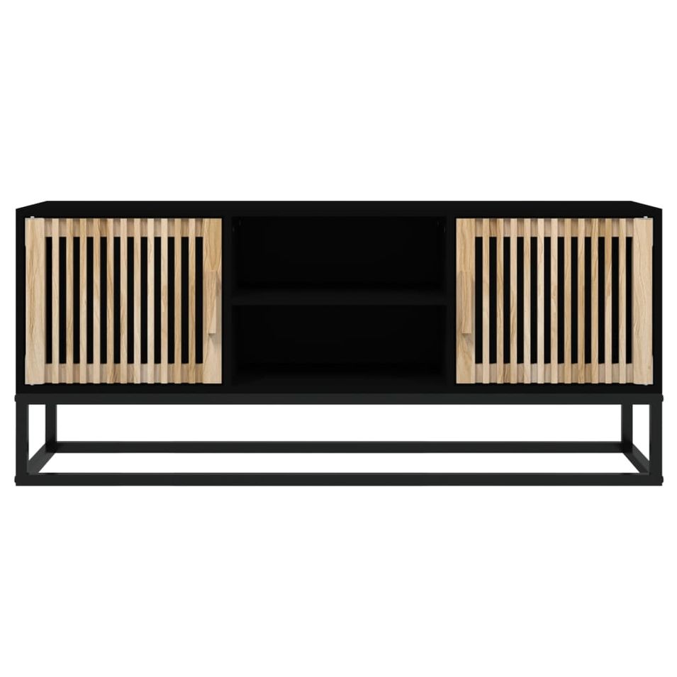 Meuble TV en bois naturel avec 2 portes 2 étagères et pieds en métal noir 105 cm - Modèle Bolivia - Photo n°1