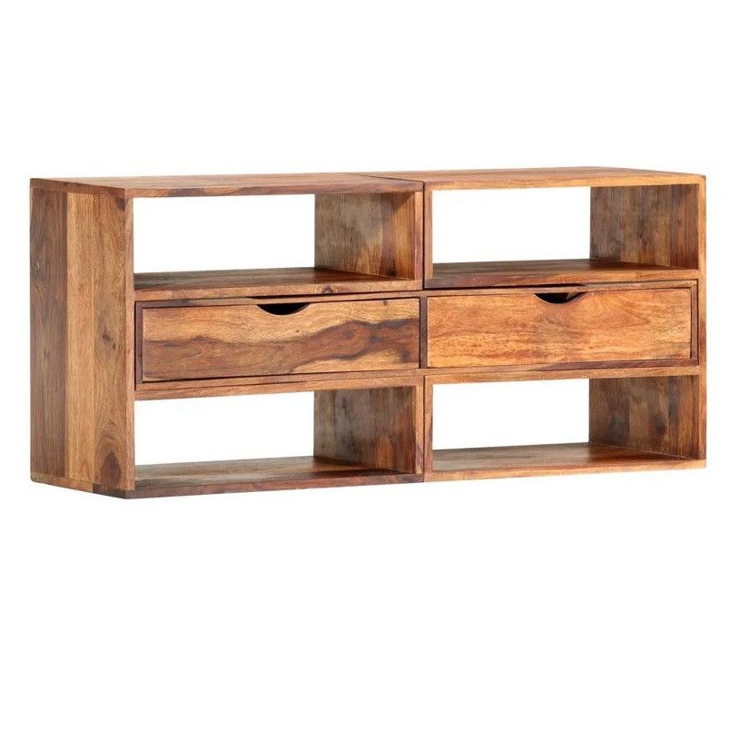 Meuble TV extensible 2 tiroirs bois massif foncé Roop 100 cm - Photo n°1