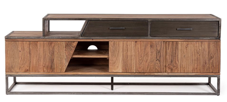 Meuble TV industriel 3 portes 2 tiroirs bois d'acacia et acier marron Palma 175 cm - Photo n°1