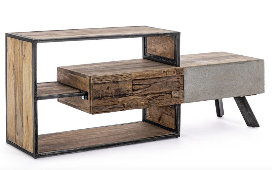 Meuble TV industriel MANCHESTER – 2 tiroirs & 2 niches, bois de manguier recyclé & acier noir - Photo n°1