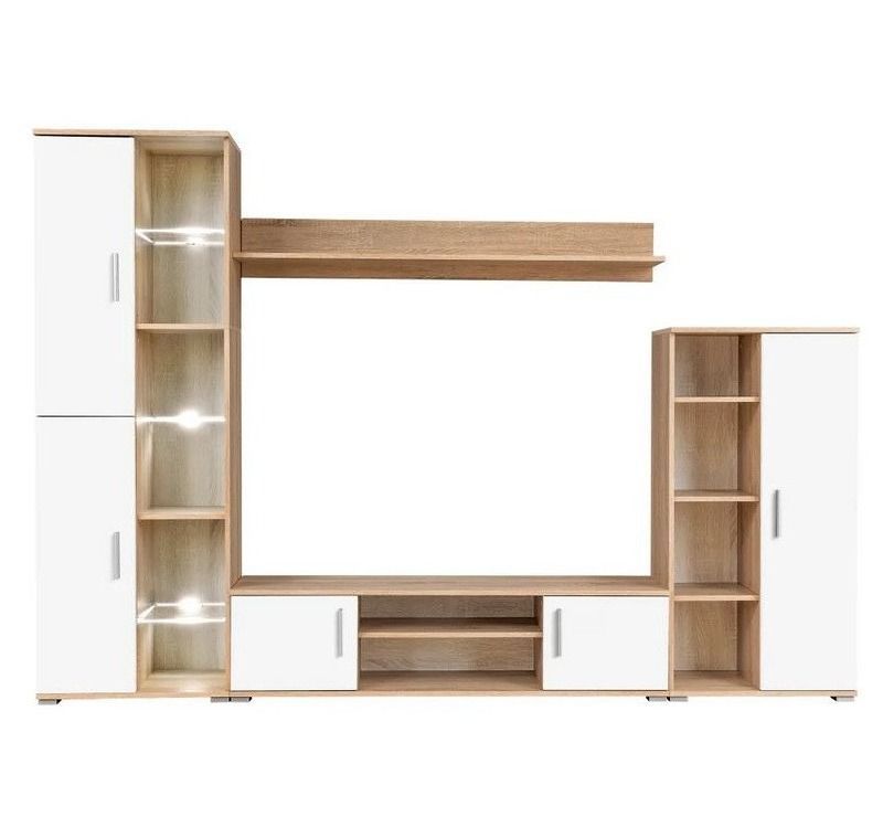 Meuble TV LED 4 pièces bois blanc et chêne clair Kynik 260 cm - Photo n°1