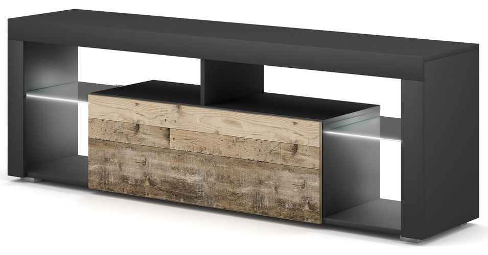 Meuble TV lumineux 1 porte gris et bois naturel Kara 140 cm - Photo n°1