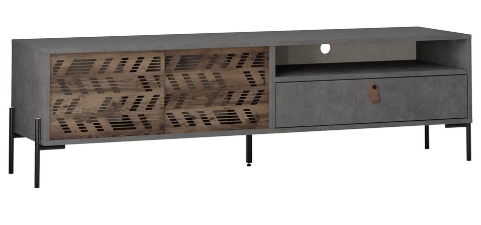 Meuble TV moderne bois marron et gris ciment avec pieds acier noir Dilos 170 cm - Photo n°1