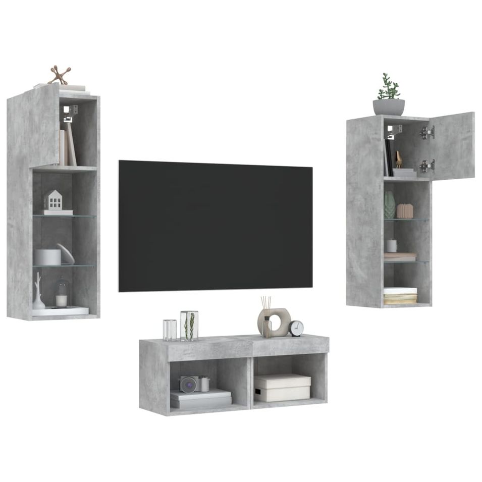 Meuble TV muraux 4 pcs avec lumières LED gris béton - Photo n°1