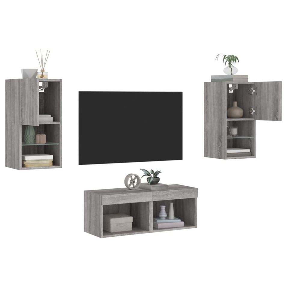 Meuble TV muraux 4 pcs avec lumières LED sonoma gris - Photo n°1
