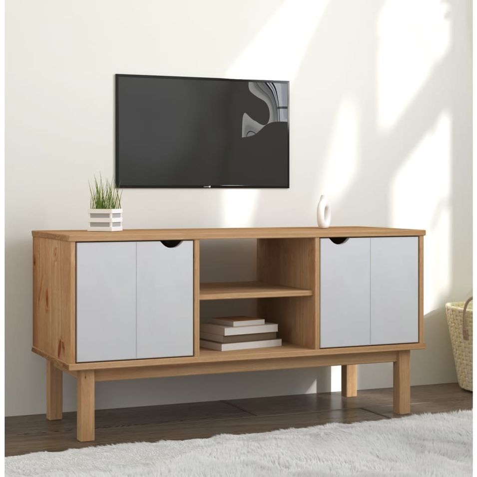 Meuble TV OTTA Marron et blanc 113,5x43x57cm Bois de pin massif - Photo n°1