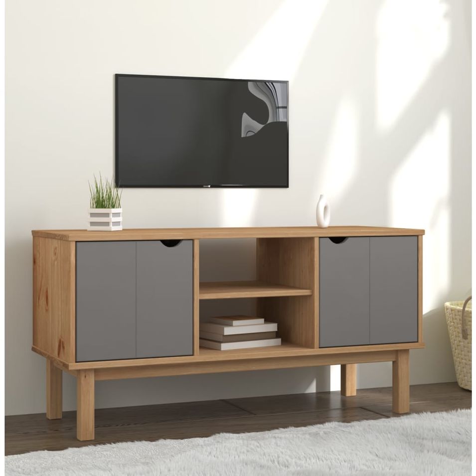 Meuble TV OTTA Marron et gris 113,5x43x57 cm Bois massif pin - Photo n°1