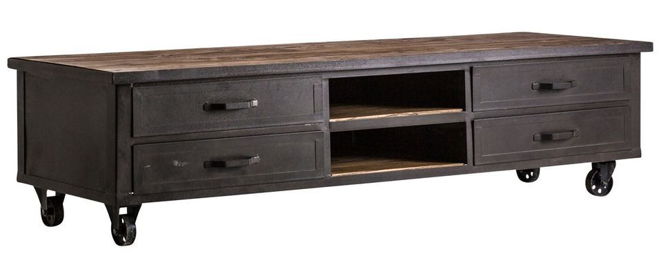 Meuble TV pin massif recyclé clair et métal noir Markus - Photo n°1