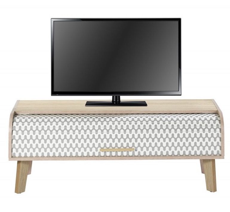 Meuble TV rideau chêne clair et rideau imprimé vagues grises Happy 114 cm - Photo n°1