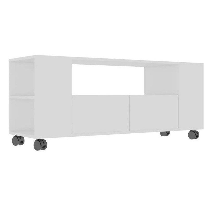 Meuble TV roulettes 2 tiroirs bois blanc brillant Tacar 120 cm - Photo n°1