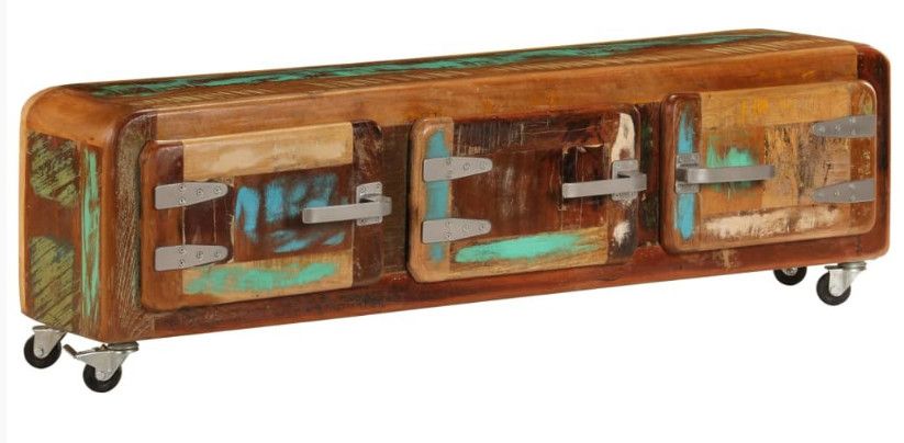Meuble TV sur roulettes 3 portes bois massif recyclé Moust - Photo n°1