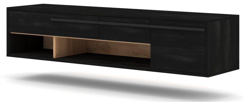 Meuble TV suspendu 2 portes 2 niches bois noir mat et naturel Divina 140 cm - Photo n°1