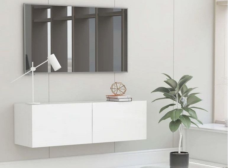 Meuble TV suspendu 2 portes bois blanc Oned 100 cm - Photo n°1