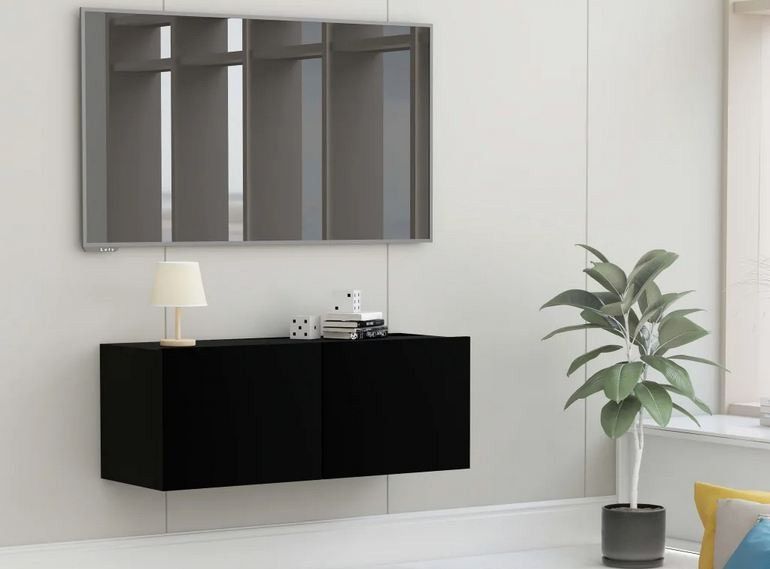 Meuble TV suspendu 2 portes bois noir Oned 80 cm - Photo n°1