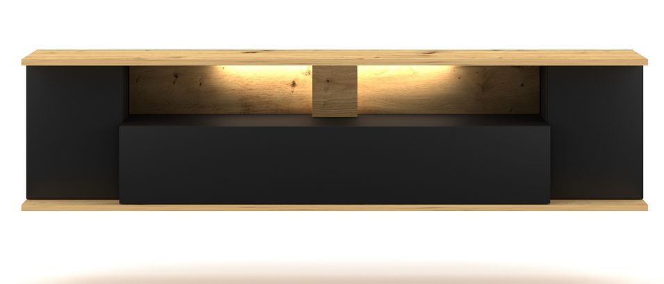 Meuble Tv suspendu avec éclairage noir et naturel Barmy 160 cm - Photo n°1
