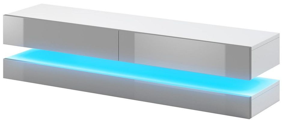 Meuble TV suspendu avec Led 2 tiroirs blanc mat et gris laqué Kapan 140 cm - Photo n°1