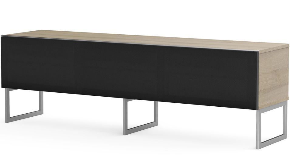 Meuble TV tissu acoustique noir et bois clair pieds métal Bologna 160 cm - Photo n°1