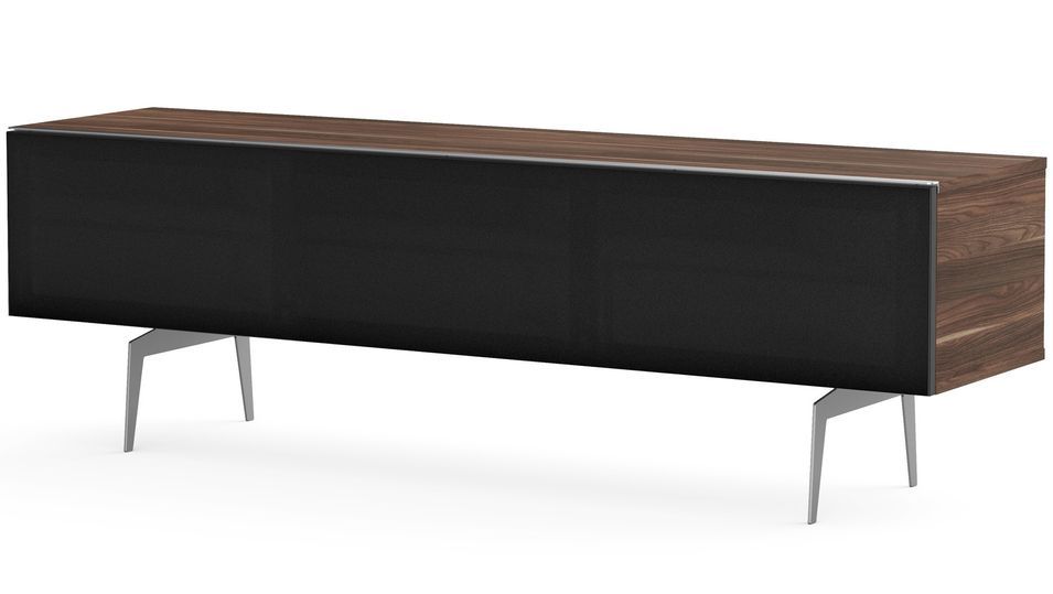 Meuble TV tissu acoustique noir et bois foncé pieds métal Darwin 160 cm - Photo n°1