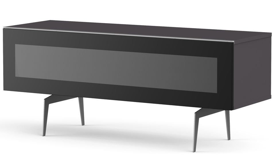 Meuble TV verre infrarouge noir et mélaminé gris pieds métal New Castle 120 cm - Photo n°1