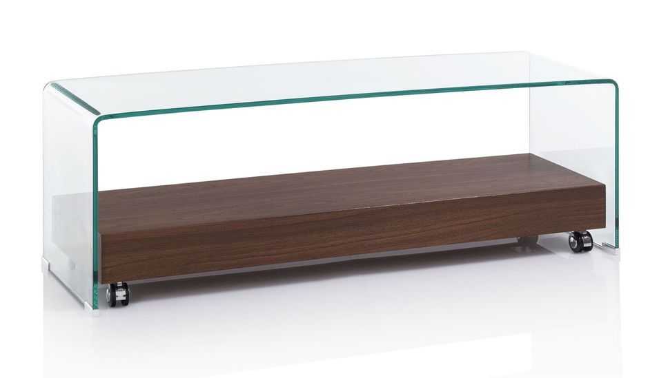 Meuble TV verre transparent et bois noyer foncé Mell L 130 cm - Photo n°1