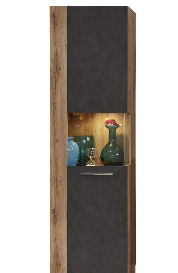 Meuble vitrine lumineux chêne Wotan et gris Roska - Photo n°1