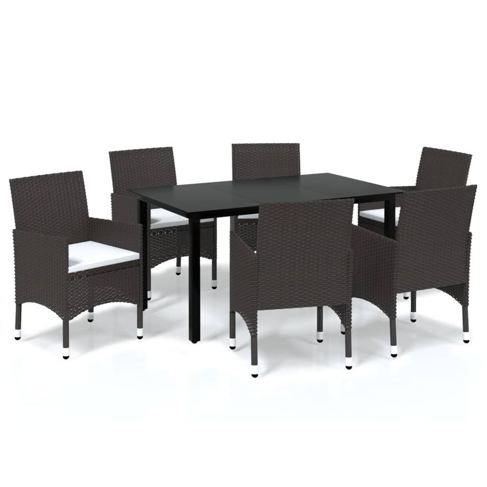 Meubles à dîner de jardin et coussins 7 pcs Poly rotin Marron - Photo n°1