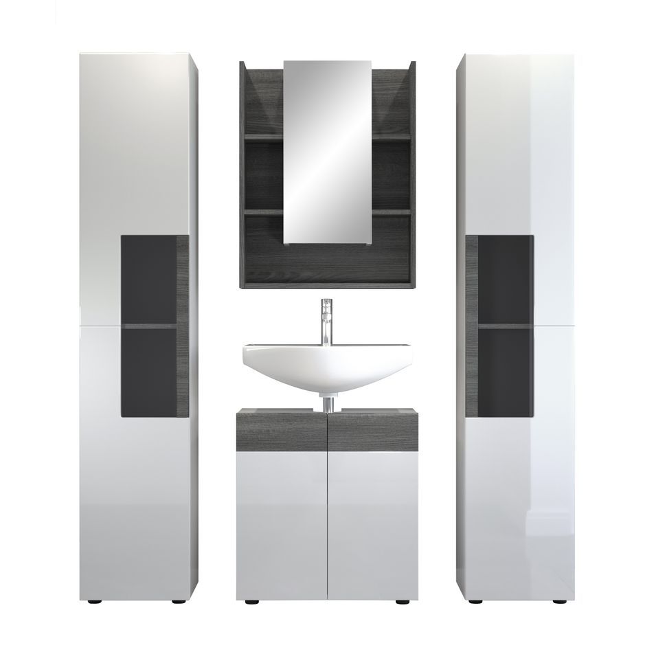 Meubles de salle de bain design blanc brillant et gris mat 4 pièces Daisy 164 cm - Photo n°1