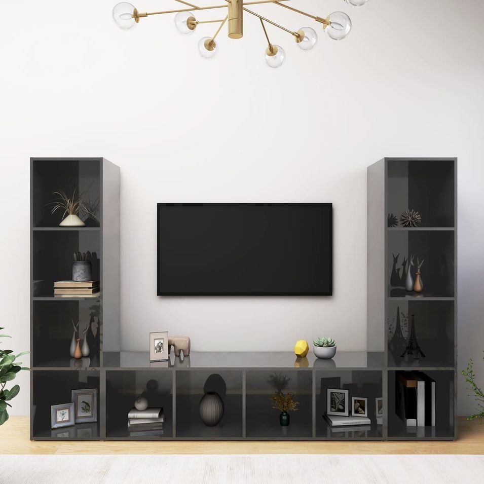 Meubles TV 3 pcs Gris brillant 142,5x35x36,5 cm - Photo n°1