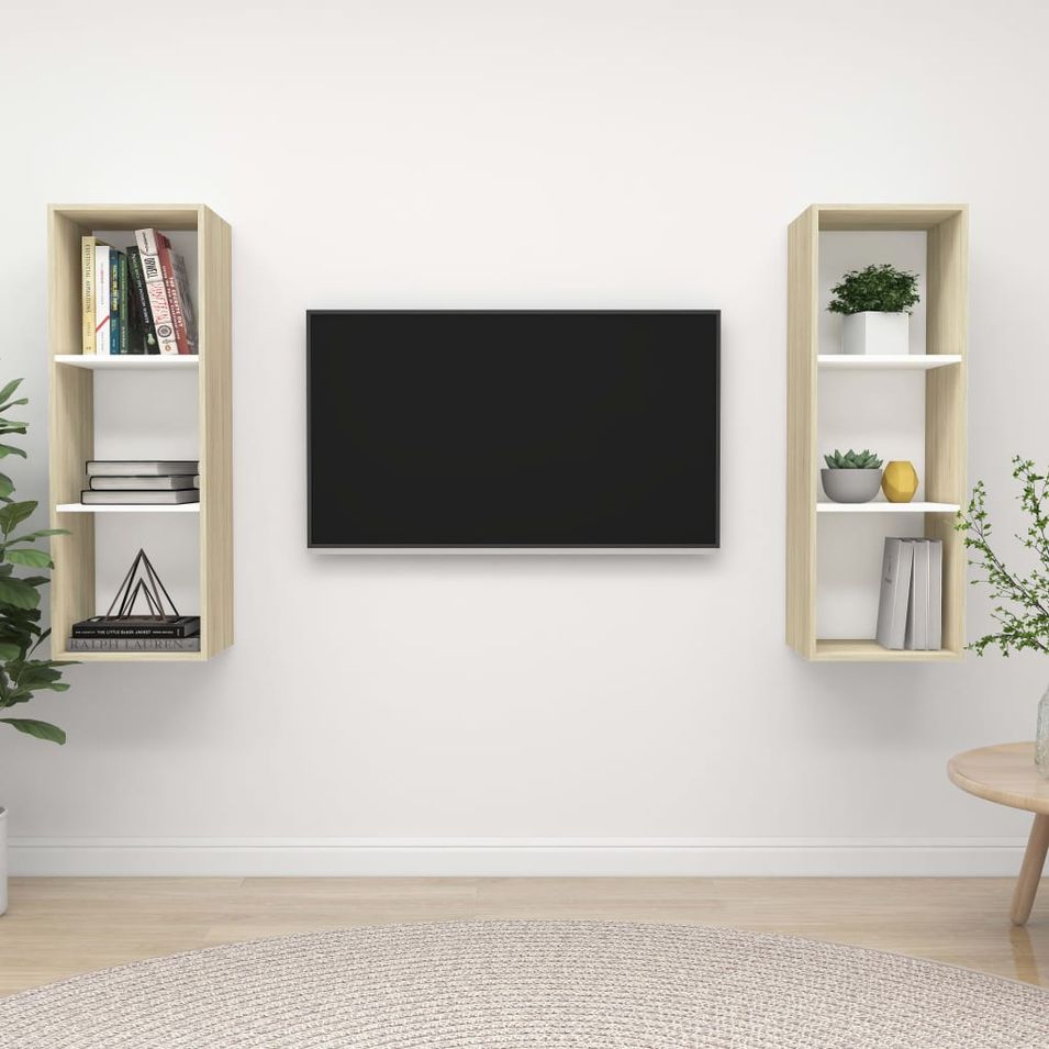 Meubles TV muraux 2 pcs Blanc et chêne sonoma 3 - Photo n°1