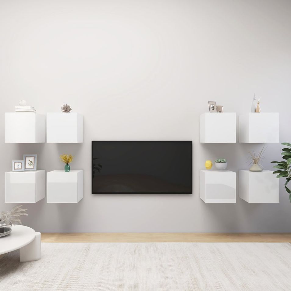 Meubles TV muraux 8 pcs Blanc brillant 30,5x30x30 cm - Photo n°1