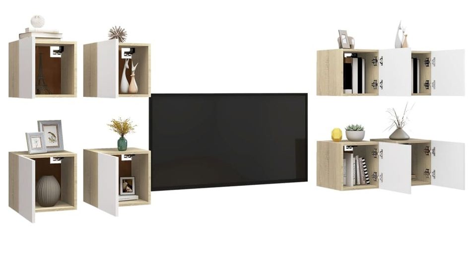 Meubles TV muraux 8 pcs Blanc et chêne sonoma 30,5x30x30 cm - Photo n°1