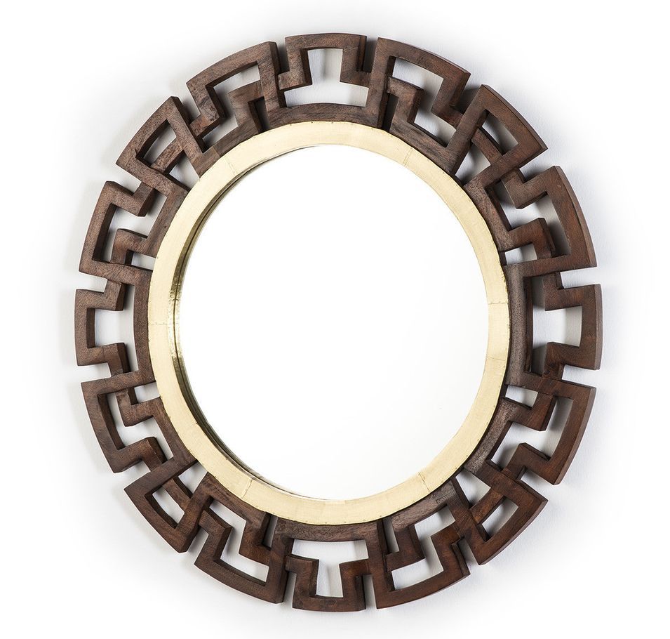 Miroir mural rond bois massif foncé et métal doré Caesar - Photo n°1