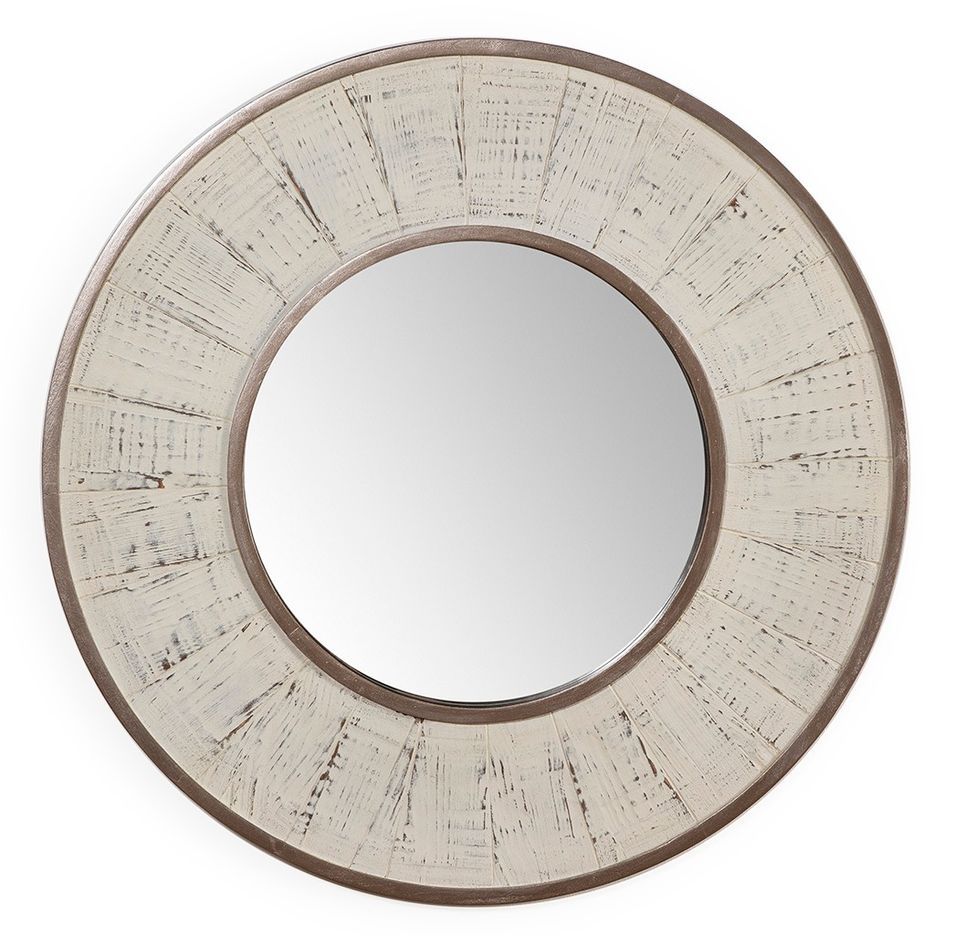 Miroir mural rond en bois blanc antique TANUZ – Ø 80 cm - Photo n°1