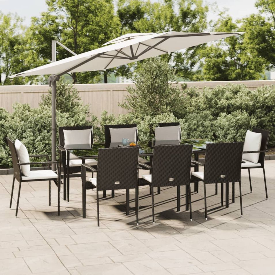Mobilier à dîner de jardin 9pcs et coussins noir résine tressée - Photo n°1